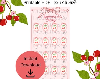 Puede incluir: Un PDF imprimible rosa con el texto "Sweet like a Cherry" e ilustraciones de cerezas. El diseño incluye un círculo rosa con las palabras "Descarga instantánea" y una flecha hacia abajo. El tamaño es de 7,6 x 15,2 cm.
