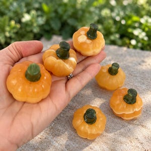 Puede incluir: Seis pequeñas calabazas de piedra naranja tallada con crestas redondeadas y lisas y tallos de color verde oscuro. Las calabazas son translúcidas con sutiles bandas blancas y un acabado pulido. Cada pieza tiene forma de calabaza en miniatura con un tallo cilíndrico de color verde oscuro distintivo unido a la parte superior central del cuerpo naranja.