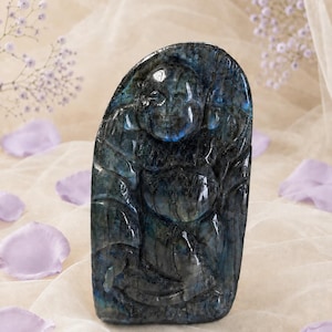 Labradorite Buddha Carving With Blue and Gold Flash | Polished Crystal Statue