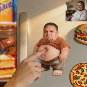 May include: A refrigerator magnet shaped like a cartoon man with a sad expression, wearing a brown shirt and gray shorts. A finger pokes the man's belly. A pizza and a hamburger magnet are also visible.