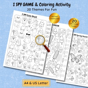 Puede incluir: Un conjunto de páginas imprimibles de actividades de colorear y de búsqueda I Spy. Las páginas presentan temas como fantasmas, helados y primavera. Incluye el texto "I SPY GAME & Coloring Activity" y "20 Themes For Fun". Formato A4 y US Letter.