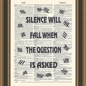 May include: A vintage dictionary page with the text "Silence will fall when the question is asked" printed in black over the definition of the word "shelve".
