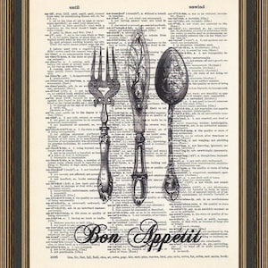 Bon Appetit ! quote with gorgeous vintage knife, fork and spoon illustration printed on a vintage dictionary page. Mothers&#39; day gift Kitchen