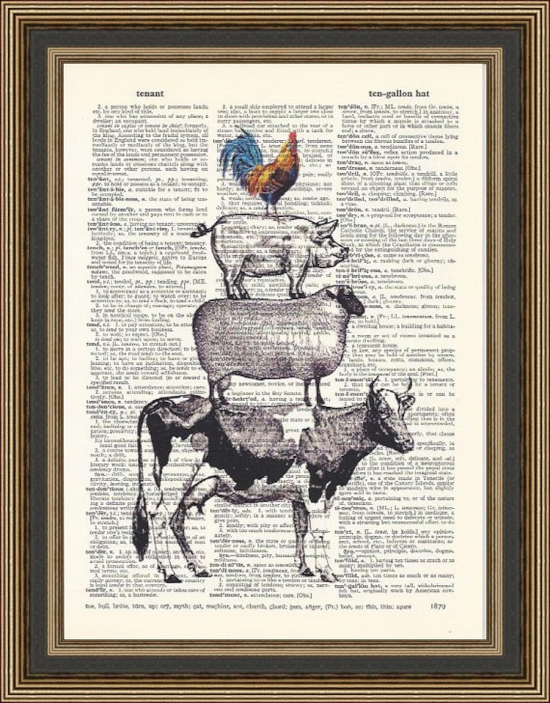 Farm Animal Stack, Cow, Sheep,pig and Cockrel Printed on a Vintage ...