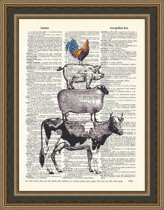 Farm Animal Stack, Cow, Sheep,pig and Cockrel Printed on a Vintage