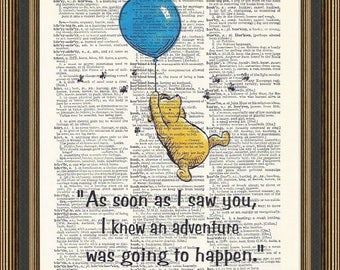 Winnie the Pooh quote "As soon as I saw you" printed on a vintage dictionary page. Newborn Gift, Baby Shower Print, Nursery Print, Kids Room