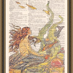 Vintage mermaid illustration printed on a book page, bathroom decor, fish poster, mythical creature, girls bedroom, beach house print.