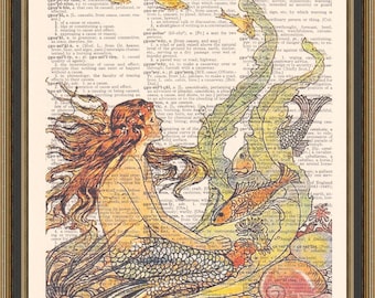 Vintage mermaid illustration printed on a book page, bathroom decor, fish poster, mythical creature, girls bedroom, beach house print.