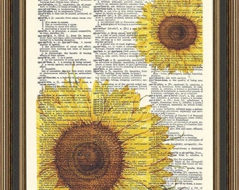 Gorgeous sunflowers illustration printed on a vintage dictionary page.  Mother Gift, Mom Gift. Wall Decor. Flower Print, Sunflower Print.