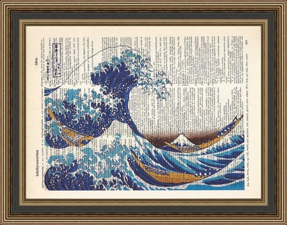 The Great Wave off Kanagawa Printed on a Vintage Dictionary Page