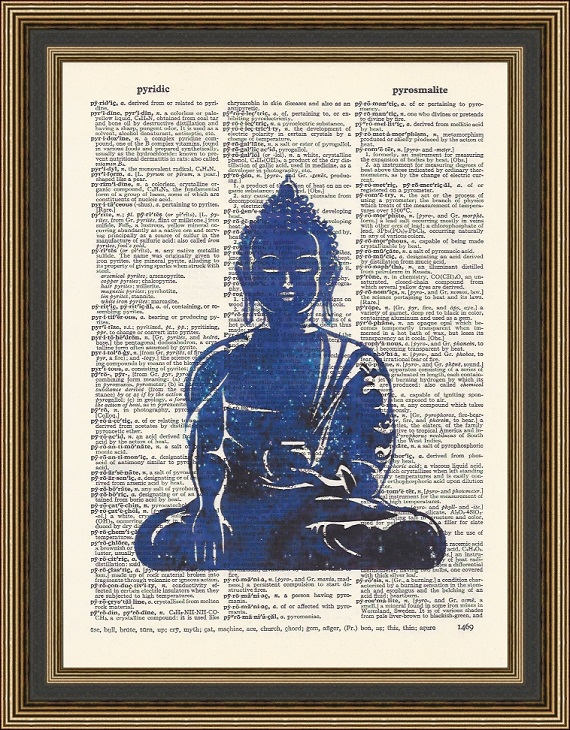 Buddha Watercolor Printed on a Vintage Dictionary Page. Yoga