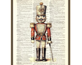 Christmas nutcracker print. seasonal nursery decor, dictionary book art, watercolor painting, toy soldier poster, wall art for kids.