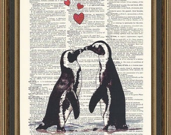 Penguin love vintage illustration printed on old book page. Engagement Gift, Ist Anniversary Print, Winter Wedding Gift, Penguin Poster Art.