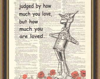 Wizard of Oz quote, original illustration of tin man and poppy field printed on a dictionary page, husband gift, nursery wall art.