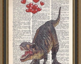 Fun Dinosaur holding highflying heart balloons illustration is printed on a vintage dictionary page. Dinosaur Print, Kids Art, Wall Decor.