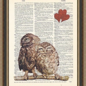 Owls in love illustration is printed on a vintage dictionary page. Owl Print, Love Print, Anniversary Print, Wall Decor, Owl Art.
