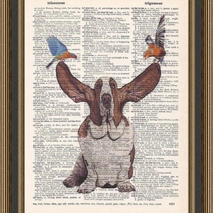 Basset hound dog with flying ears illustration is printed on a vintage dictionary page. Dog Print, Birthday Gift, Friend Gift.