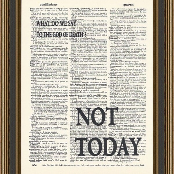 Game of Thrones quote Not Today printed on a vintage dictionary page. Arya Stark Poster, House of Stark Print, GOT Print