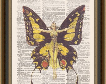 Butterfly fairy print, Art Nouveau, insect illustration, boho poster, mythology fairy art, magical wall decor, crescent moon.