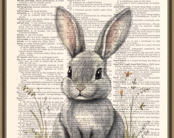 Watercolor rabbit print, bunny poster, muted tones, woodland animal, neutral wall decor, wild flower art, spring drawing, nursery print.
