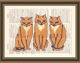 Three orange tabby cats, Art Nouveau Deco print, gift for cat ladies, woodcut poster, pet lover art, colorful kittens wall art,