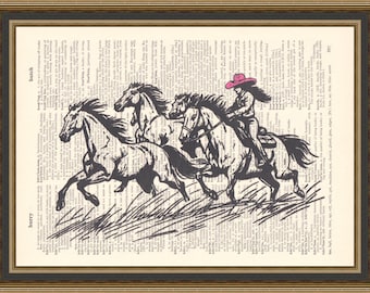 Retro cowgirl with wild horses, vintage western print, wild west poster, pink cowboy hat, mustangs galloping, girls bedroom, dictionary art