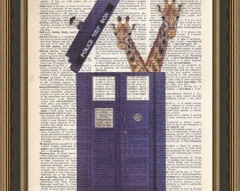 Doctor Who. The Tardis is taken over by giraffes illustration printed on a vintage dictionary page. Dr Who Print, Tardis Poster, Giraffe Art