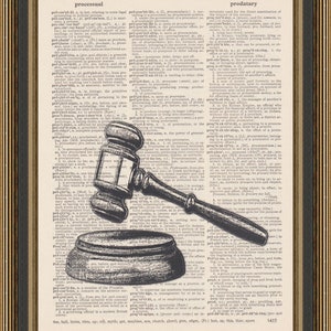 Judge gavel printed on a vintage dictionary page, law office decor, attorney print, lawyer gift, law school graduation, bar exam poster.