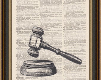 Judge gavel printed on a vintage dictionary page, law office decor, attorney print, lawyer gift, law school graduation, bar exam poster.