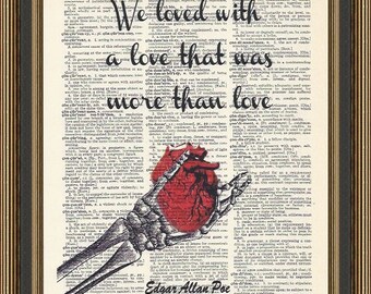 Edgar Allan Poe love poem, we loved with a love, Literary Art Print, Anniversary Gift, Book lover wall decor, Library Poster, Skeleton Print