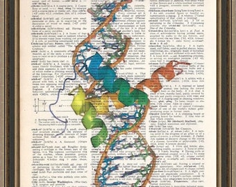 Science DNA illustration #1 printed on a vintage dictionary page. Wall Art, Home Decor. Dorm Decor, Nerd Print, Educational Print.