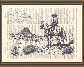 Western cowboy print, retro wild west poster, desert scene, trendy south western wall decor, gift for horse lover, boy's bedroom art.