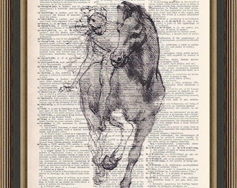 Leonardo da Vinci sketch of a horse and rider is printed on a vintage dictionary page. Horse Print, Horse Lovers Art, Wall Decor.