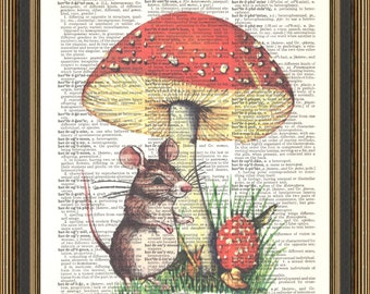 Cute mouse and mushrooms print, woodland animal, rural life poster, cottagecore decor, dictionary art.