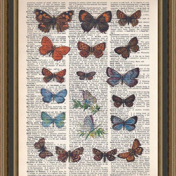 Butterfly print #2 printed on a vintage recycled dictionary page. Art Print, Wall Decor.