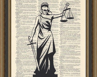 Lady Justice illustration printed on a vintage dictionary page. Law Student Gift, Paralegal office decor, Attorney Print, Pass the Bar gift.