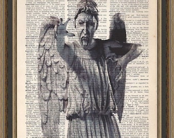 Doctor Who weeping angel illustration printed on a vintage dictionary page. Dorm Decor, Dr Who Print. Wall Decor. Housewares.