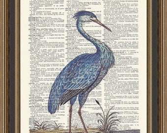 Blue heron vintage illustration print, bird watcher gift, ornithology poster, nature wall decor, coastal art print, beach home wall art.