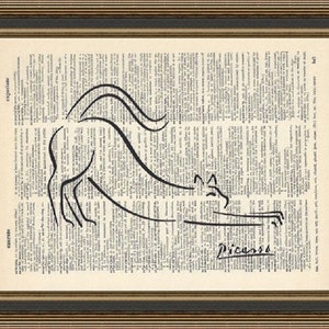 Picasso cat sketch printed on a vintage dictionary page. Cat Lover Gift, Cat Poster, Picasso drawing, Art Student gift, Line drawing decor.