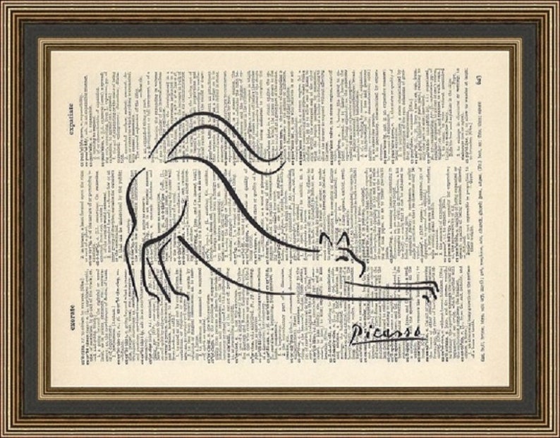 Picasso cat sketch printed on a vintage dictionary page. Cat Lover Gift, Cat Poster, Picasso drawing, Art Student gift, Line drawing decor. image 1