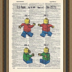 Lego patent colorized illustration printed on a vintage dictionary page. Lego Poster, Patent Print, Nursery Print, Educational Poster.