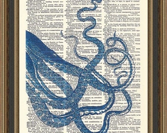 Peacock blue octopus tentacles printed on a vintage dictionary page. Wall Decor, Gift Idea, Octopus Print, Boys Room, Girls Room, Dorm Decor