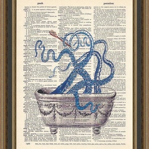 Octopus in bath print on vintage dictionary page. Bathroom Wall Art, Powder Room Decor. Vintage Bath, Blue Octopus Tentacles Poster.
