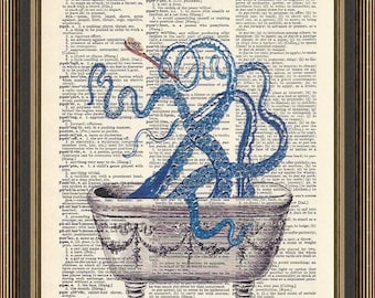 Octopus in bath print on vintage dictionary page. Bathroom Wall Art, Powder Room Decor. Vintage Bath, Blue Octopus Tentacles Poster.
