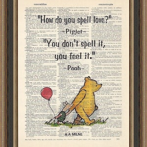 Winnie the Pooh quote How do you spell love,printed on a vintage dictionary page. Baby Shower Gift, Nursery Wall Decor, Pooh Bear.