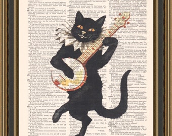 Cat playing banjo printed on a dictionary page, black cat print, gift for cat lover, animal poster, whimsical vintage art, funny cat.