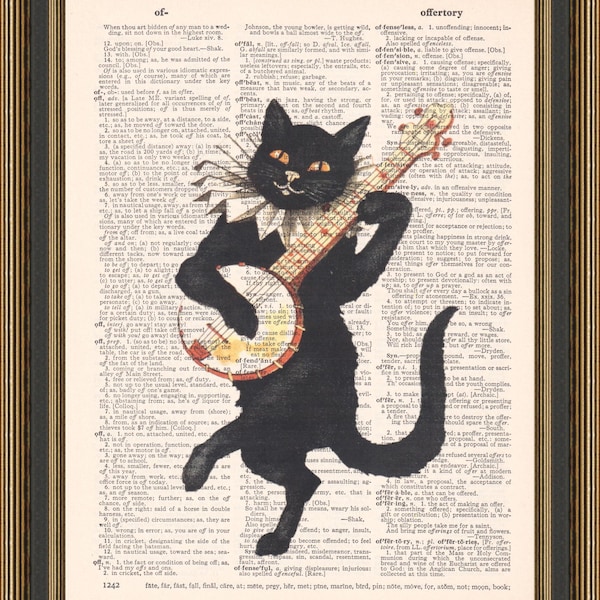 Cat playing banjo printed on a dictionary page, black cat print, gift for cat lover, animal poster, whimsical vintage art, funny cat.