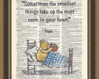 Winnie the Pooh quote, Sometimes the smallest things" printed on a vintage dictionary page. Baby Shower Gift, Nursery Poster, Classic Pooh.