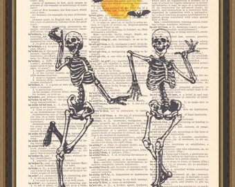 Vintage skeletons dancing under the moon print, Halloween poster, Spooky art, funny skeletons wall decor, full moon and bats picture.