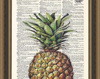 Pineapple illustration printed on a vintage dictionary page. Tropical Print, Kitchen Poster, Home decor,